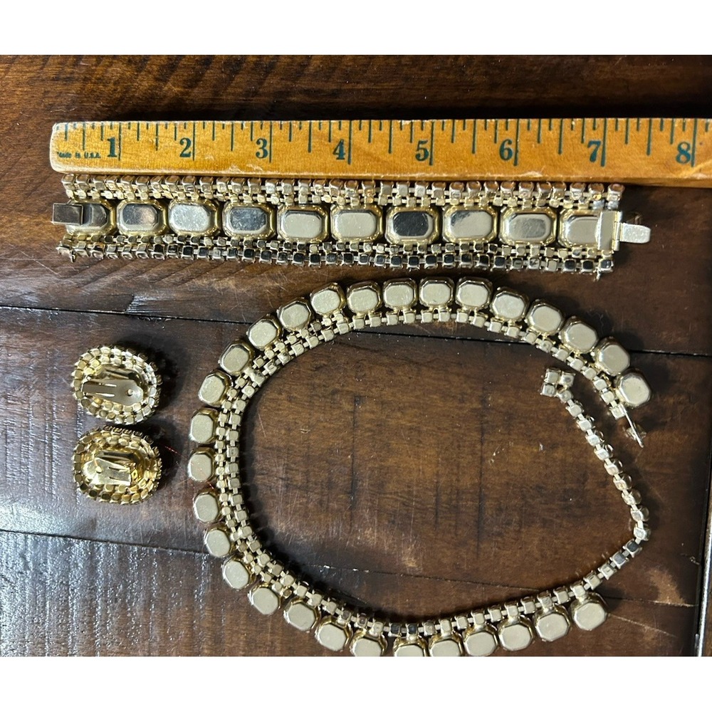 Vintage Pink Rhinestone Moonglow Cabochon Set‎ Necklace Bracelet Earrings - Picture 6 of 8